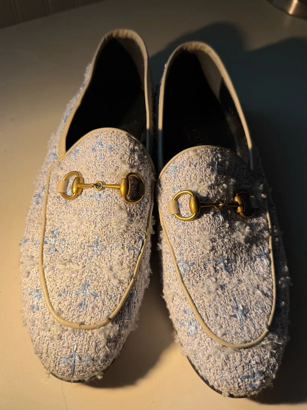 Gucci Cream and Light Blue Textured Men's Slip-On Loafers with Gold Bit